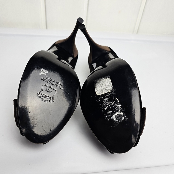 Stuart Weitzman Brown Velvet Snake Skin RhinestoneBow Leather Peeptoe Heels - Picture 11 of 11